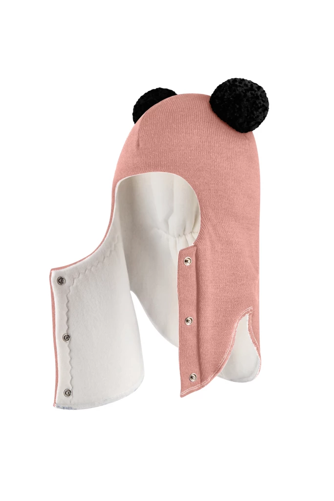 Зимова шапочка-шолом Corona.hm "Пандочка з чорними помпонами" на кнопочках пудра