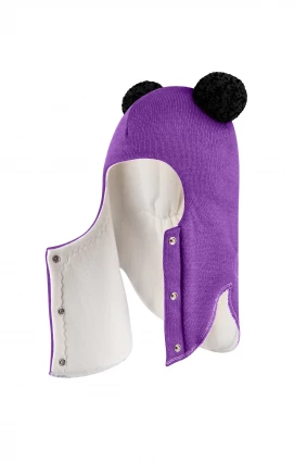 Зимова шапочка-шолом Corona.hm "Пандочка з чорними помпонами" на кнопочках фіалка