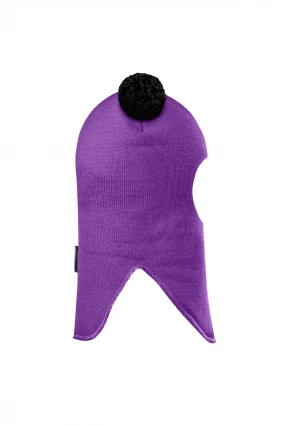 Зимова шапочка-шолом Corona.hm "Пандочка з чорними помпонами" на кнопочках фіалка