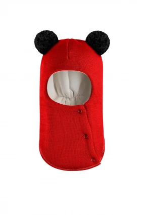 Зимова шапочка-шолом Corona.hm "Пандочка з чорними помпонами" на кнопочках червоний