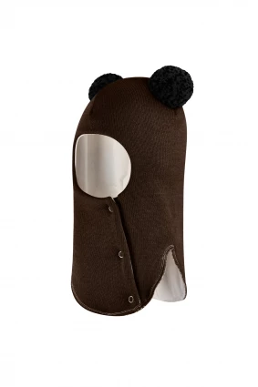 Зимова шапочка-шолом Corona.hm "Пандочка з чорними помпонами" на кнопочках шоколад