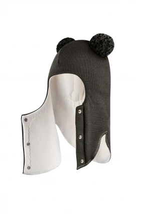 Зимова шапочка-шолом Corona.hm "Пандочка з помпонами МЕЛАНЖ" на кнопочках графіт