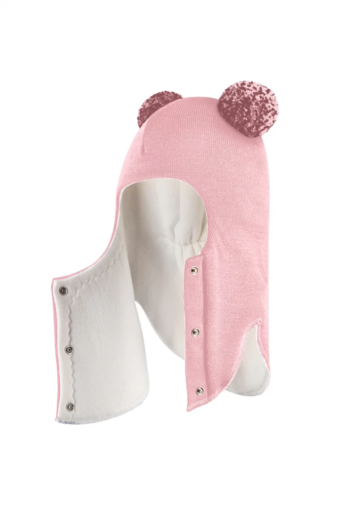 Зимова шапочка-шолом Corona.hm "Пандочка з помпонами МЕЛАНЖ" на кнопочках рожевий