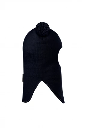 Зимова шапочка-шолом Corona.hm "Пандочка з помпонами МЕЛАНЖ" на кнопочках синій оксамит