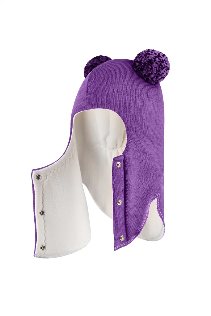 Зимова шапочка-шолом Corona.hm "Пандочка з помпонами МЕЛАНЖ" на кнопочках фіалка