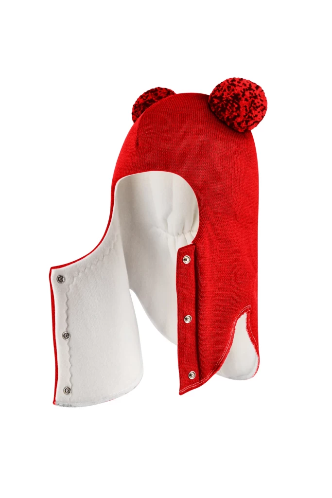 Зимова шапочка-шолом Corona.hm "Пандочка з помпонами МЕЛАНЖ" на кнопочках червоний