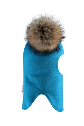 Зимняя шапочка-шлем Corona.hm "Карамелька" бирюза с 2 натуральными помпонами енот
