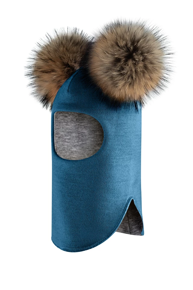 Зимняя шапочка-шлем Corona.hm "Карамелька" морская волна с 2 натуральными помпонами енот