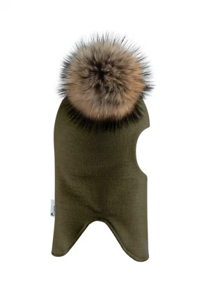 Зимняя шапочка-шлем Corona.hm "Карамелька" хаки с 2 натуральными помпонами енот