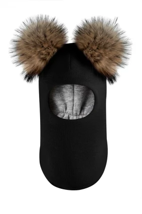 Зимняя шапочка-шлем Corona.hm "Карамелька" черный с 2 натуральными помпонами енот