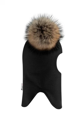 Зимняя шапочка-шлем Corona.hm "Карамелька" черный с 2 натуральными помпонами енот