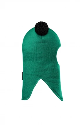 Зимова шапочка-шолом Corona.hm "Пандочка з чорними помпонами" смарагд
