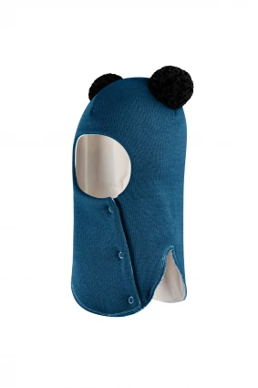 Зимова шапочка-шолом Corona.hm "Пандочка з чорними помпонами" на кнопочках морська хвиля