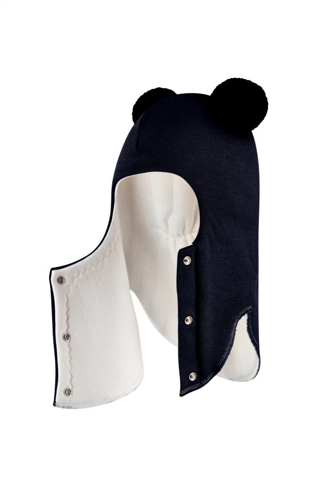 Зимова шапочка-шолом Corona.hm "Пандочка з чорними помпонами" на кнопочках синій оксамит