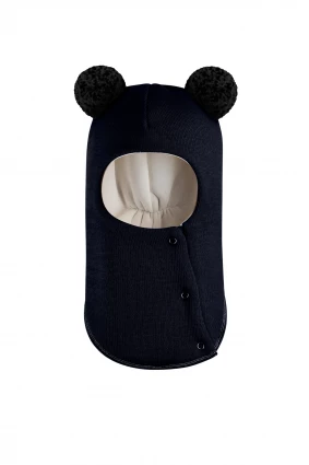 Зимова шапочка-шолом Corona.hm "Пандочка з чорними помпонами" на кнопочках синій оксамит