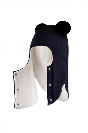 Зимова шапочка-шолом Corona.hm "Пандочка з чорними помпонами" на кнопочках синій