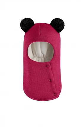 Зимова шапочка-шолом Corona.hm "Пандочка з чорними помпонами" на кнопочках ягідний