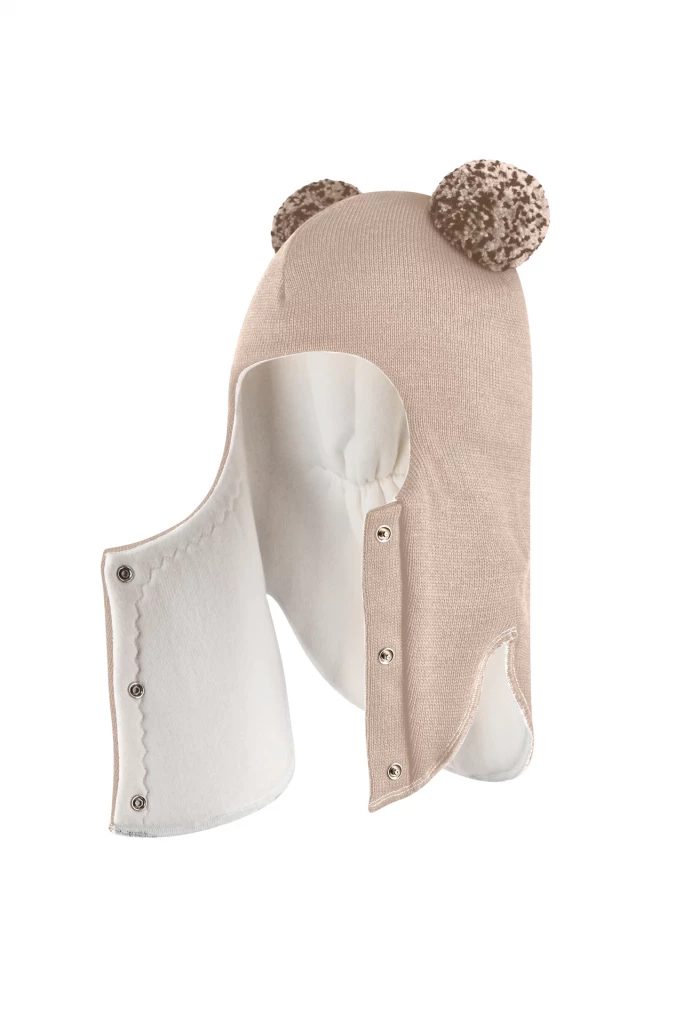 Зимова шапочка-шолом Corona.hm "Пандочка з помпонами МЕЛАНЖ" на кнопочках беж золотий