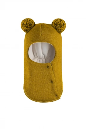 Зимова шапочка-шолом Corona.hm "Пандочка з помпонами МЕЛАНЖ" на кнопочках медовий