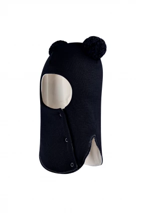 Зимова шапочка-шолом Corona.hm "Пандочка з помпонами МЕЛАНЖ" на кнопочках синій оксамит